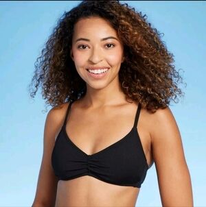 Women's Shirred Ribbed Bralette Bikini Top - Shade & Shore Black L(12-14)